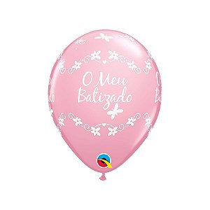 Balão de Festa Látex Liso Decorado - O Meu Batizado Borboleta Rosa - 11" 28cm - 50 unidades - Qualatex Outlet - Rizzo