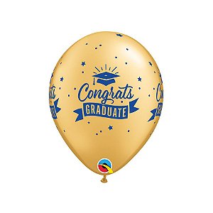 Balão de Festa Látex Liso Decorado - Congrats Graduate Ouro e Azul - 11" 28cm - 50 unidades - Qualatex Outlet - Rizzo