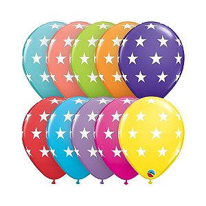 Balão de Festa Látex Liso Decorado - Estrelas Grandes - 11" 28cm - 6 unidades - Qualatex Outlet - Rizzo