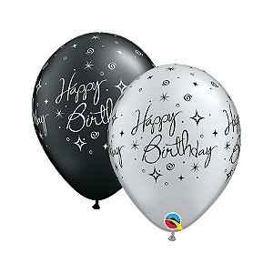 Balão de Festa Látex Liso Decorado - Happy Birthday Faíscas e Espirais - 11" 28cm - 6 unidades - Qualatex Outlet - Rizzo
