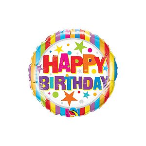 Balão de Festa Microfoil 18" 46cm - Redondo Happy Birthday Listras e Estrelas - 1 unidade - Qualatex Outlet - Rizzo