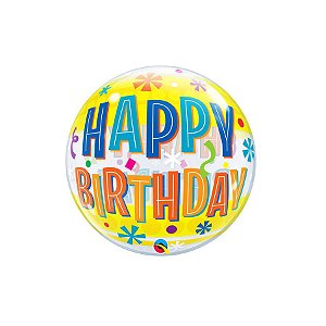 Balão de Festa Bubble 22" 56cm - Happy Birthday Faixas Amarelas - 1 unidade - Qualatex Outlet - Rizzo