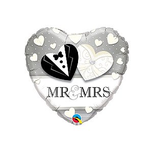Balão de Festa Microfoil 18" 46cm - Coração Mr. & Mrs. Casamento - 1 unidade - Qualatex Outlet - Rizzo