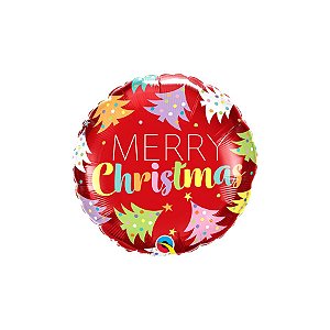 Balão de Festa Microfoil 18" 46cm - Redondo Merry Christmas Árvores - 1 unidade - Qualatex Outlet - Rizzo