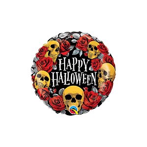 Balão de Festa Microfoil 18" 46cm - Redondo Happy Halloween Crânios Dourados  - 1 unidade - Qualatex Outlet - Rizzo