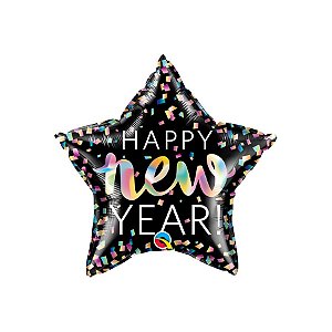 Balão de Festa Microfoil 20" 51cm - Estrela Happy New Year Iridescente - 1 unidade - Qualatex Outlet - Rizzo