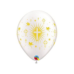 Balão de Festa Látex Liso Decorado - Religioso Branco e Dourado - 11" 28cm - 50 unidades - Qualatex Outlet - Rizzo