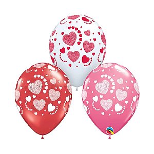 Balão de Festa Látex Liso Decorado - Corações Carimbados Sortido - 11" 28cm - 50 unidades - Qualatex Outlet - Rizzo