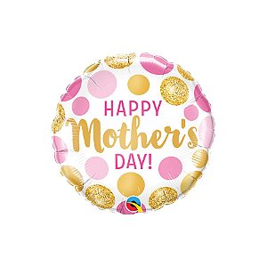 Balão de Festa Microfoil 18" 46cm - Redondo Mother's Day Pontos Rosa e Ouro - 1 unidade - Qualatex Outlet - Rizzo