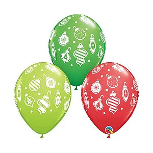 Balão de Festa Látex Liso Decorado - Enfeites de Natal Sortido - 11" 28cm - 50 unidades - Qualatex Outlet - Rizzo