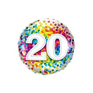 Balão de Festa Microfoil 18" 46cm - Redondo Número 20 com Confetes Coloridos - 1 unidade - Qualatex Outlet - Rizzo