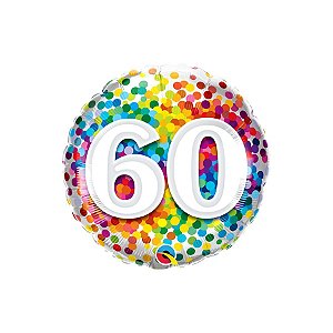 Balão de Festa Microfoil 18" 46cm - Redondo Número 60 com Confetes Coloridos - 1 unidade - Qualatex Outlet - Rizzo