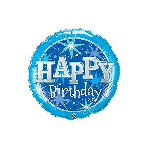 Balão de Festa Microfoil 18" 46cm - Redondo Happy Birthday Azul com Brilho - 1 unidade - Qualatex Outlet - Rizzo