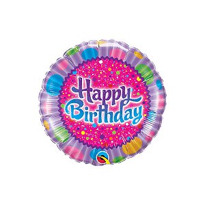 Balão de Festa Microfoil 18" 46cm - Redondo Happy Birthday Confeitos e Brilhos - 1 unidade - Qualatex Outlet - Rizzo
