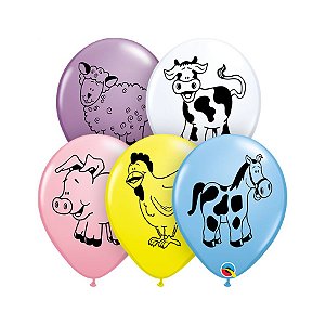 Balão de Festa Látex Liso Decorado - Animais de Fazenda Sortido - 11" 28cm - 50 unidades - Qualatex Outlet - Rizzo
