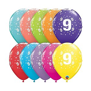 Balão de Festa Látex Liso Decorado - Número 9 Estrelas - 11" 28cm - 6 unidades - Qualatex Outlet - Rizzo
