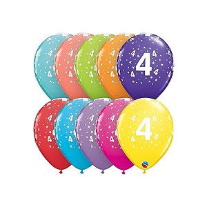 Balão de Festa Látex Liso Decorado - Número 4 Estrelas - 11" 28cm - 6 unidades - Qualatex Outlet - Rizzo