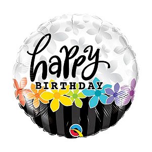 Balão de Festa Microfoil 9" 22cm - Redondo Happy Birthday Flores e Listras - 1 unidade - Qualatex Outlet - Rizzo