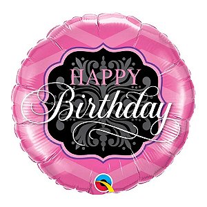 Balão de Festa Microfoil 9" 22cm - Redondo Happy Birthday Rosa e Preto - 1 unidade - Qualatex Outlet - Rizzo