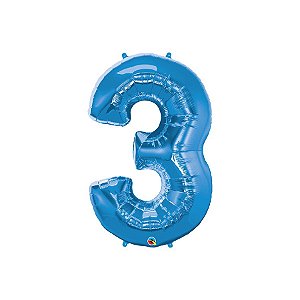 Balão de Festa Microfoil 34" 86cm - Número Três Azul Safira - 1 unidade - Qualatex Outlet - Rizzo