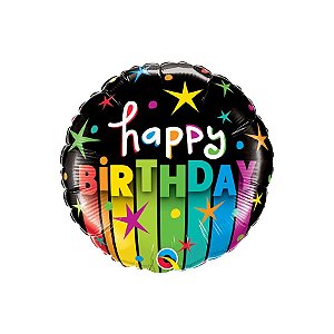Balão de Festa Microfoil 18" 46cm - Redondo Happy Birthday Listras Coloridas - 1 unidade - Qualatex Outlet - Rizzo