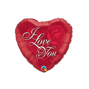Balão de Festa Microfoil 18" 46cm - Coração I Love You com Rosa Vermelha - 1 unidade - Qualatex Outlet - Rizzo
