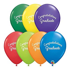 Balão de Festa Látex Liso Decorado - Congratulations Graduate Sortido - 11" 27cm - 50 unidades - Qualatex Outlet - Rizzo