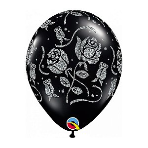Balão de Festa Látex Liso Decorado - Rosas Preto Onix - 11" 27cm - 25 unidades - Qualatex Outlet - Rizzo