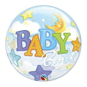 Balão de Festa Bubble 22" 56cm - Baby Boy Lua e Estrelas - 1 unidade - Qualatex Outlet - Rizzo