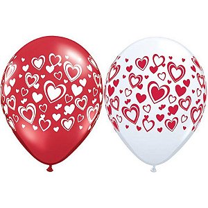 Balão de Festa Látex Liso Decorado - Coração Duplo - 11" 28cm - 50 unidades - Qualatex Outlet - Rizzo