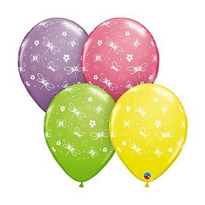 Balão de Festa Látex Liso Decorado - Borboletas e Libélulas - 11" 28cm - 100 unidades - Qualatex Outlet - Rizzo
