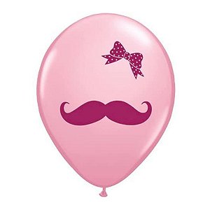 Balão de Festa Látex Liso Decorado - Bigode e Laço Rosa - 11" 28cm - 50 unidades - Qualatex Outlet - Rizzo