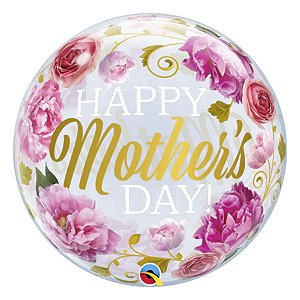 Balão de Festa Bubble 22" 55cm - Happy Mother's Day Flores Rosas - 1 unidade - Qualatex Outlet - Rizzo