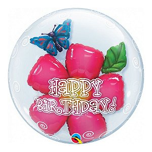 Balão de Festa Bubble 24" 60cm - Flor Happy Birthday - 1 unidade - Qualatex Outlet - Rizzo