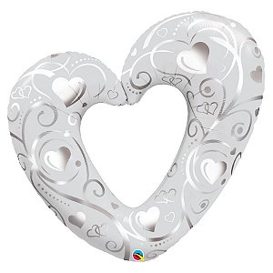 Balão de Festa Microfoil 14" 35cm - Corações e Filigramas Branco - 1 unidade - Qualatex Outlet - Rizzo