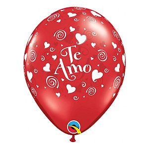 Balão de Festa Látex Liso Decorado - Corações e Espirais Vermelho - 11" 27cm - 50 unidades - Qualatex Outlet - Rizzo