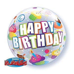 Balão de Festa Bubble 22" 55cm - Happy Birthday Cupcakes Coloridos - 1 unidade - Qualatex Outlet - Rizzo