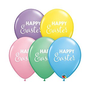 Balão de Festa Látex Liso Decorado - Happy Easter Sortido Pastel - 11" 27cm - 50 unidades - Qualatex Outlet - Rizzo