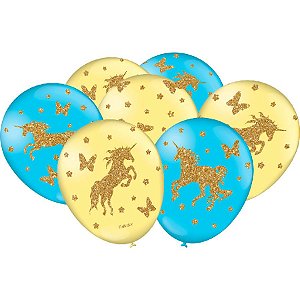 Balão de Festa Decorado Unicornio 9" 23cm - Amarelo e Azul - 25 unidades - Festcolor - Rizzo