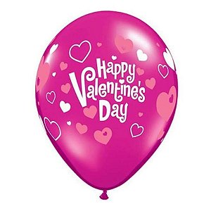 Balão de Festa Látex Liso Decorado - Happy Valentine's Day Magenta - 11" 27cm - 50 unidades - Qualatex Outlet - Rizzo