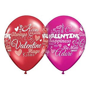 Balão de Festa Látex Liso Decorado - Valentine Happiness Verm/Magenta - 11" 27cm - 50 unidades - Qualatex Outlet - Rizzo