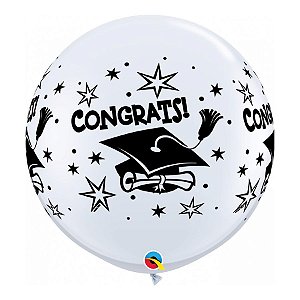 Balão de Festa Látex Liso Decorado - Congrats Branco - 3' 90cm - 2 unidades - Qualatex Outlet - Rizzo