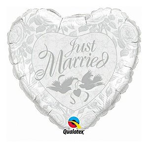 Balão de Festa Microfoil 18" 45cm - Coração Just Married Branco/Prata - 1 unidade - Qualatex Outlet - Rizzo