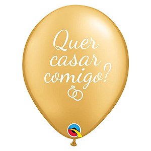 Balão de Festa Látex Liso Decorado - Quer Casar Comigo Dourado - 11" 27cm - 6 unidades - Qualatex Outlet - Rizzo