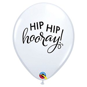 Balão de Festa Látex Liso Decorado - Hip Hip Hooray Branco - 11" 27cm - 50 unidades - Qualatex Outlet - Rizzo