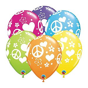 Balão de Festa Látex Liso Decorado - Sinais de Paz e Coração Sortido - 11" 27cm - 50 unidades - Qualatex Outlet - Rizzo