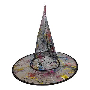 Chapéu de Bruxa Transparente Preto - Aranha Colorida - Halloween - 1 unidade - Rizzo