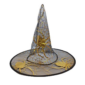 Chapéu de Bruxa Transparente Preto - Aranha Grande Dourada - Halloween - 1 unidade - Rizzo