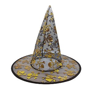 Chapéu de Bruxa Transparente Preto - Caveira Dourada - Halloween - 1 unidade - Rizzo