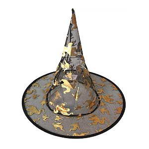 Chapéu de Bruxa Transparente Preto - Fantasmas Dourada - Halloween - 1 unidade - Rizzo